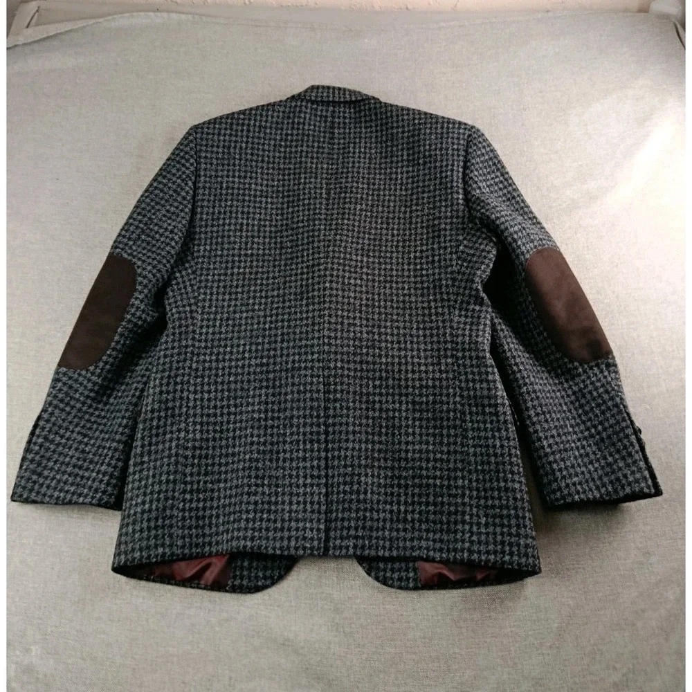 Harris Tweed Blazer Mens 38 S Charcoal Houndstouth Wool Elbow Patches Jacket